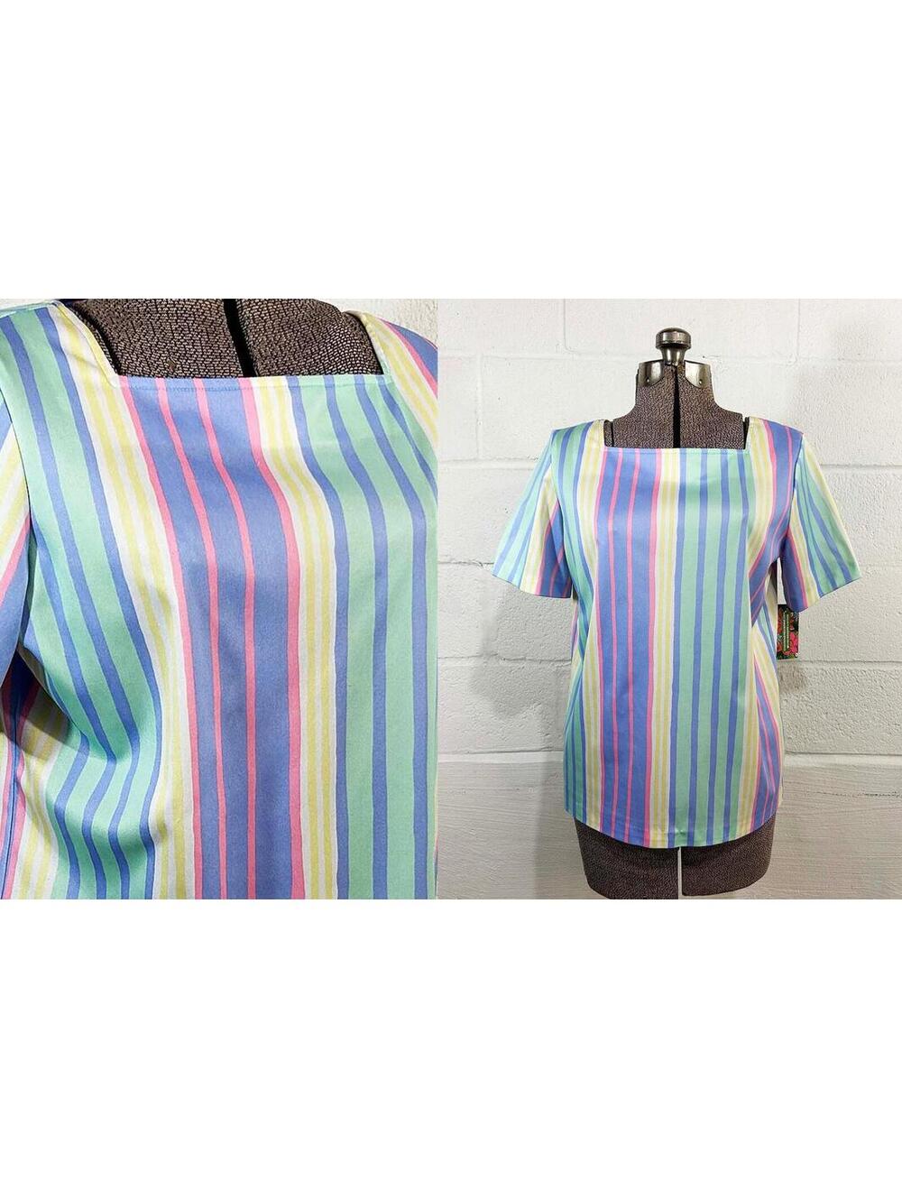 Vintage Vera Neumann Pastel Stripe Blouse 1980s Polyester Top Large